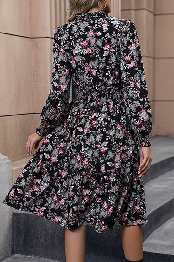Floral Trykt V-hals lange ermer A Line Casual Dress